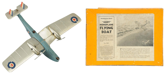 Underside view of the top airplane in Morphy’s sale: Britains Short Bros. flying boat monoplane with 14.25-inch (36.2 cm.) wingspan, Bakelite and heavy tin, made 1936 only, one of the rarest and most valuable airplane toys ever made, est. $12,000-$16,000. Morphy Auctions image.   