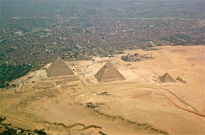 Aerial view of the Giza-pyramids and Giza Necropolis outside Cairo, Egypt. This file is made available under the Creative Commons CD0 1.0 Universal Public Domain Dedication. 