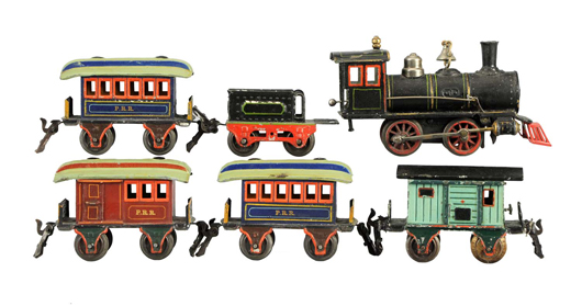 Marklin O gauge passenger train set, est. $2,000-$3,000. Morphy Auctions image.
