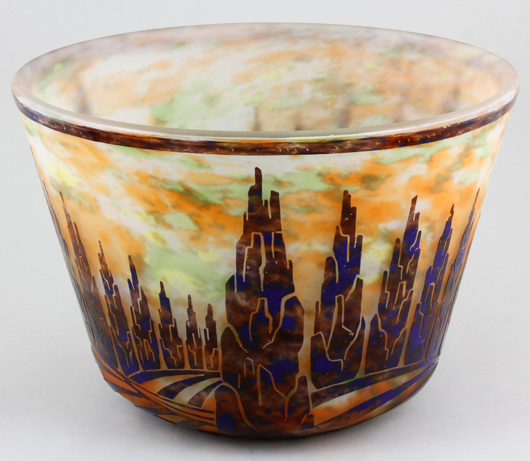 Rare Le Verre Français cameo glass cache pot, ‘Cypress’ pattern, signed, 7 iches high x 9 7/8 inches diameter. Sold for $5,500. Image courtesy Kaminski Auctions.   