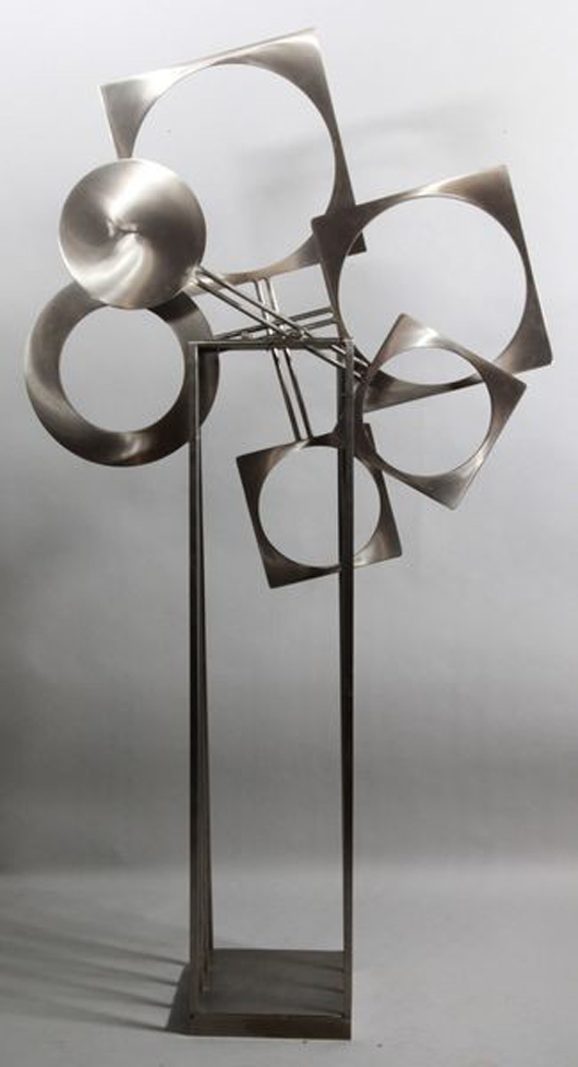 Bruce Stillman (American b.1958) kinetic sculpture, stainless steel, rotating elements on supporting welded frame, signed and stamped ‘STILLMAN 84,’ 61 inches high x 40 inches wide. Sold for $8,000. Image courtesy Kaminski Auctions.