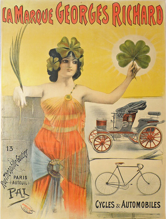 Circa-1895 linen mounted poster for La Marque Georges Richard Automobiles and Bicycles, 58 x 42 inches. Mosby & Co. image.