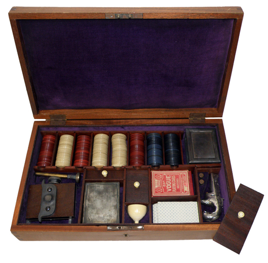 Cased circa-1870 faro set, includes engraved Moore’s patent Derringer. Mosby & Co. image.