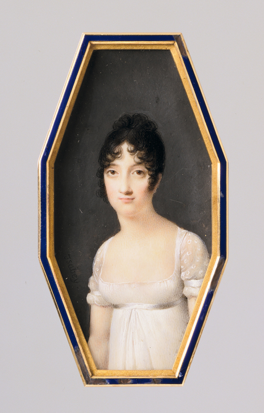 The Hillwood exhibition also includes a portrait miniature on ivory of Napoleon’s sister Elisa Bonaparte by court artist Jean-Baptiste Isabey (1767-1855). Shown wearing an exquisite dress in the Empire style, Elisa became Grand Duchess of Tuscany during her brother’s reign. Courtesy Hillwood Estate, Museum & Gardens