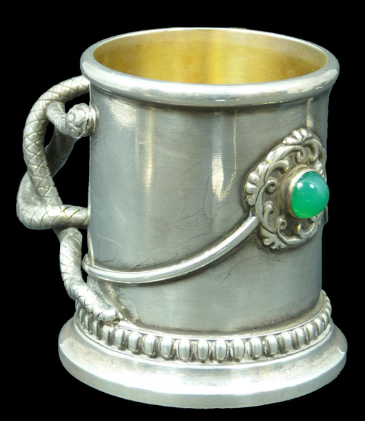 Imperial Russian silver tankard with figural intertwined snake handles, weighing 8 troy ounces. Estimate: $10,000-$15,000. Image courtesy Elite Decorative Arts.