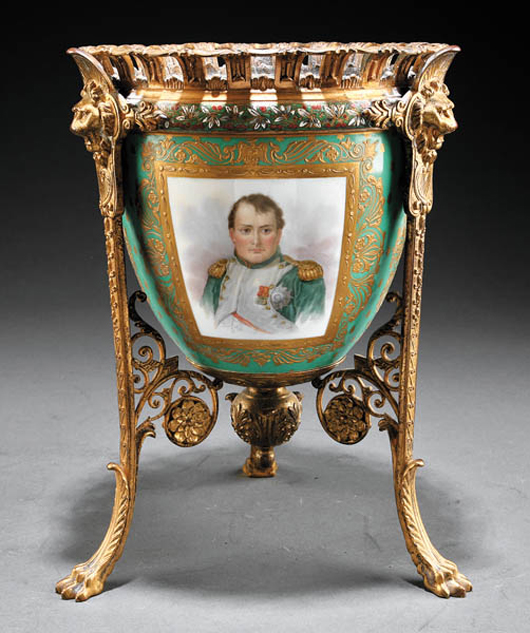 Idolized as a romantic historical figure, Napoleon’s image adorned objets d’arts throughout the 19th century. A porcelain jardinière mounted in gilt bronze sold for $1793 in April 2011. Courtesy Neal Auction Company