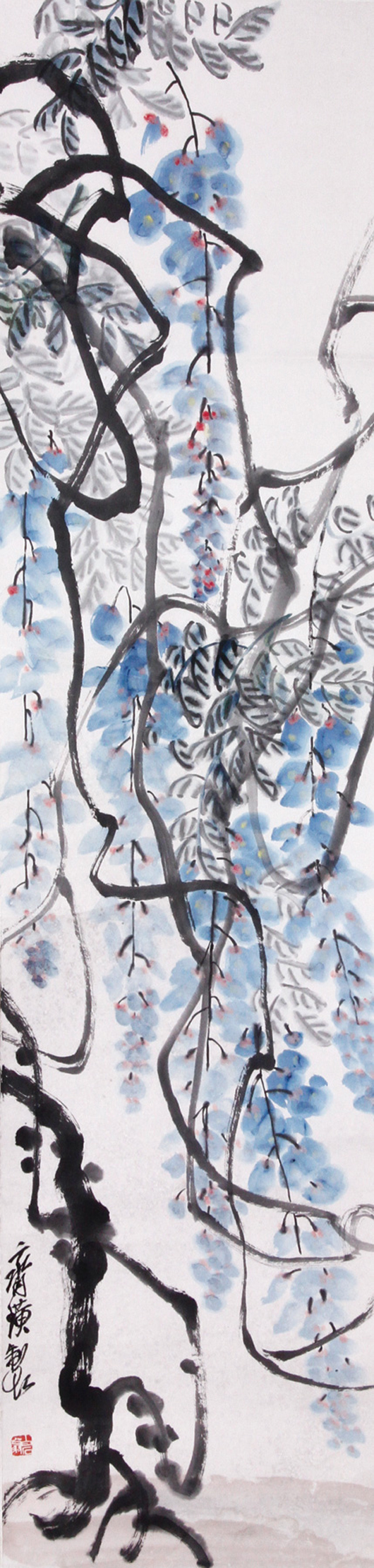 Chinese 20th century painting, ink and color on paper, signed and sealed Qi Baishi (1864-1957), 53 1/4 inches x 13 inches. Water stains at bottom. Sold For $410,000. Image courtesy Kaminski Auctions. 