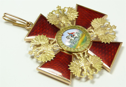 Late 19th century Russian red enameled medal from the Order of St. Alexander Nevsky. Estimate: $50,000-$75,000. Image courtesy Elite Decorative Arts. 