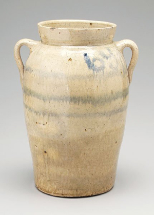 This 6-gallon churn in Bristol glaze was made in the late 1800s in Lanier County, Ga., probably by Shimuel Timmerman. Brunk Auctions in Asheville, N.C., sold it for $2,900 in May 2009. Image courtesy LiveAuctioneers.com Archive and Brunk Auctions.