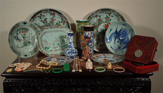 Chinese Kangxi Famille Verte, jade, ivory and cinnabar. Image courtesy Manatee Galleries Inc.