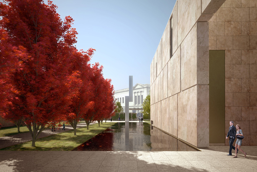 'The Barnes Totem,' depicted in an artist rendition, has been installed outside the new gallery of the Barnes Foundation in Philadelphia. The 40-foot-tall stainless steel sculpture is by Ellsworth Kelly. Image courtesy the Barnes Foundation.