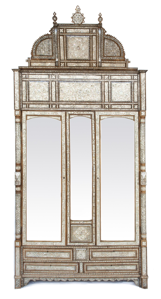 Syrian mirrored cabinet, late 19th century, mother-of-pearl and bone inlaid walnut, 118 in. tall x 61 in. wide. Est. $8,000-$12,000. Material Culture image.