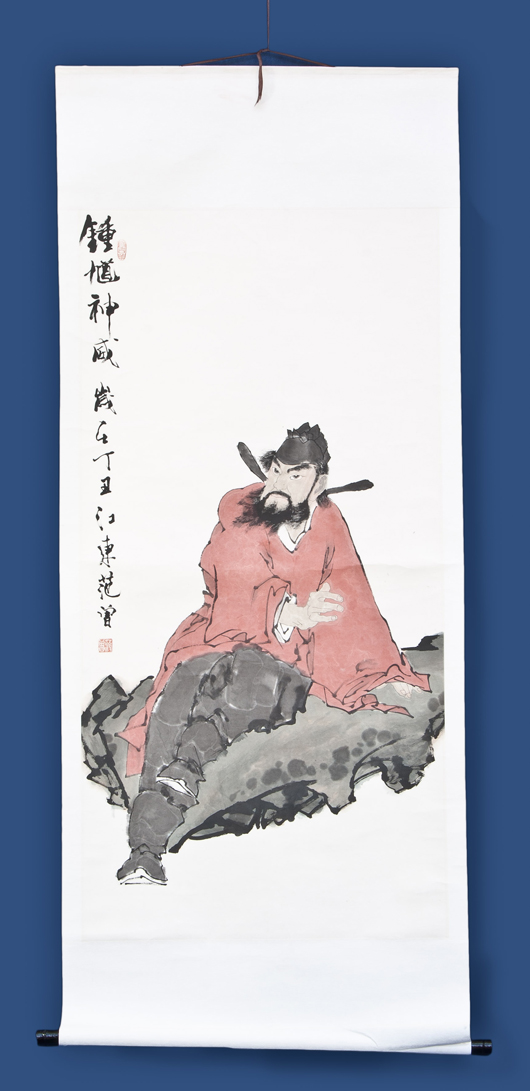 Fan Zeng (Chinese, b. 1938-), ‘Zhong Kui Shen Wei,’ ink and color on paper, signed, two seals, 53 x 26 in. Est. $6,000-$8,000. Material Culture image.