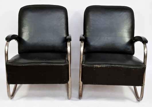 Pair of 1930s tubular steel and leather lounge chairs, European. Est. $2,000-$4,000. Material Culture image.