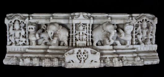 Carved marble relief, 12th century, Jain, northern India, 30½ x 10 x 7 in. Est. $4,000-$6,000. Material Culture image.