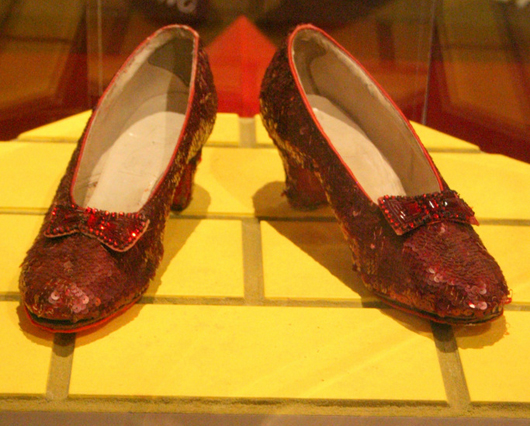 Dorothy's ruby slippers from 'The Wizard of Oz' movie. This pair is on display at the Smithsonian's American History Museum. This file is licensed under the Creative Commons Attribution-Share Alike 3.0 Unported license.