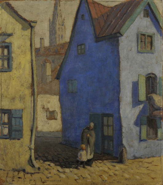 'Blue House, Munich,' 1928, Grant Wood (American, 1891-1942), Oil on board, 23 1/2 x 20 1/4 inches. Image courtesy the University of Iowa. 
