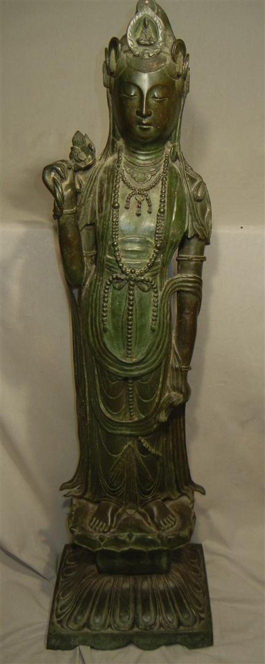 Important Chinese bronze figure of a standing Quan Yin, possibly from the Jin Dynasty, A.D. 265-420. Estimate: $15,000-$20,000. Image courtesy Matheson's AA Auctions.