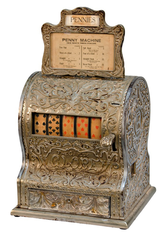 Caille Bros. ‘Globe’ Poker Hand five-reel card machine, circa 1906, cast-iron case, 14 inches wide x 15 inches high x 7 inches deep. Image courtesy Victorian Casino Antiques.