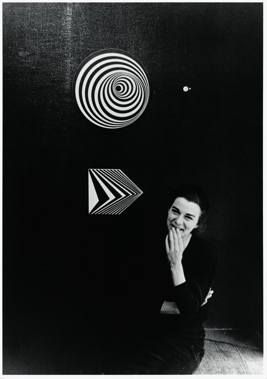 Bridget Riley, Gallery One, London with 'Uneasy Centre' (above) and 'Off '(below), 1963. Photographer unknown, courtesy Bridget Riley studio. 