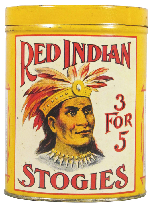 Red Indian Stogies '3 for 5' cigar tin, made for David M. Zolla, Dist'r, Chicago. Auction price: $15,400. Image courtesy Showtime Services.   