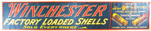 Exceedingly scarce Winchester 'Factory Loaded' shells cloth banner, 10 feet long. Auction price: $22,420. Image courtesy Showtime Services.   