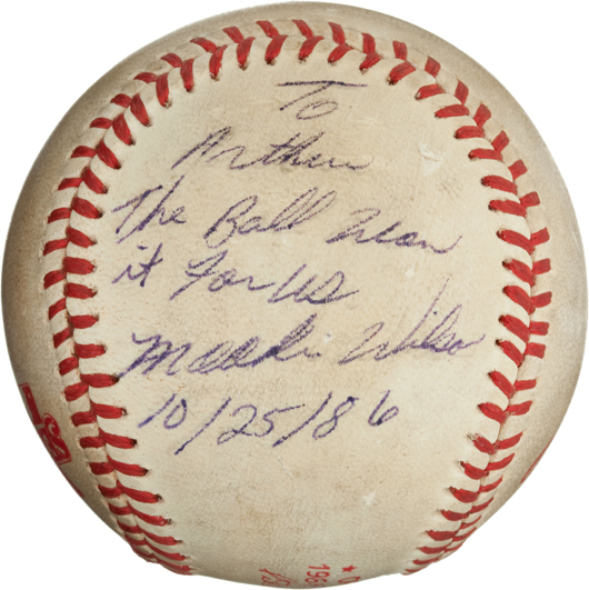 The infamous 'Buckner ball' from Game 6 of the 1986 World Series sold for $418,250, inclusive of the buyer's premium. Image courtesy Heritage Auctions.