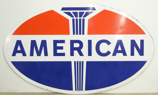 Double-sided 74-inch American Oil Co. porcelain sign, from a collection of petroleum company advertising signs to be auctioned. Photo: Stephenson’s Auctioneers