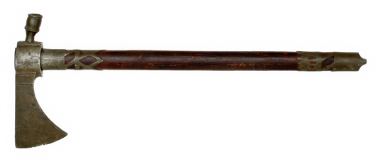 French and Indian War pewter pipe tomahawk. Estimate $35,000-$50,000. Image courtesy Cowan’s Auctions Inc.   