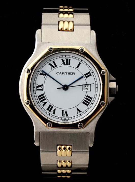 Cartier octagonal Santos two-tone wristwatch. Estimate: $2,000-$3,000. Image courtesy Michaan’s Auctions.   