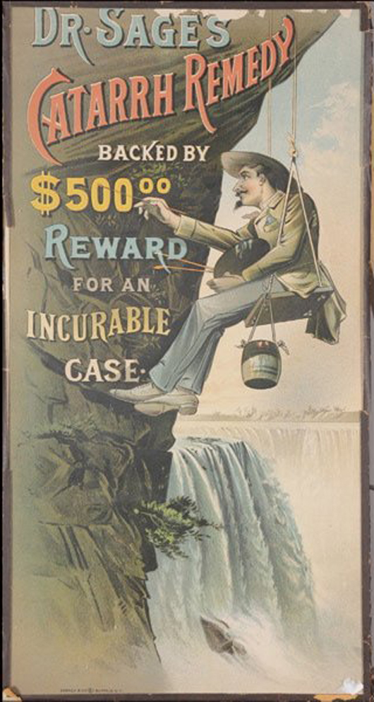 Vintage cardboard advertising sign, ‘Dr. Sage's Catarrh Remedy.’ Estimate: $800-$1,200. Image courtesy Michaan’s Auctions.
