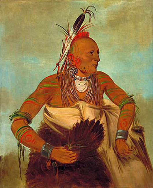 George Caitlin (American, 1796-1872) painting of Osage warrior of the Wha-sha-she band (a subdivision of Hunkah). By the mid-17th century, the Osage had migrated west of the Mississippi to their historic lands in Oklahoma and several other states. They are not based mainly in Osage County, Oklahoma.