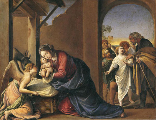 Alessandro Tiarini, Nativity of Jesus, mid-17th century, oil on copper, 33 x 42.7 cm. Collection of the Uffizi Gallery, Florence, Italy.
