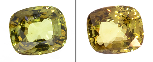 In this split-screen view, the 15.35-carat alexandrite gemstone displays its chameleon-like quality, appearing green in natural daylight and golden yellow in incandescent light. Estimated value $84,000-$167,000. Government Auction image.