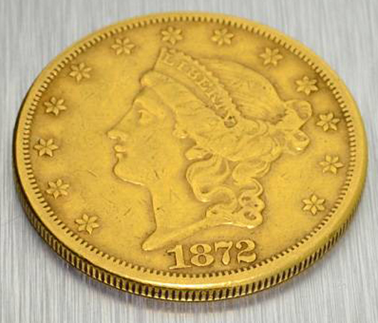 Obverse view of 1872 CC (Carson City) US$20 Liberty Head gold coin. Government Auction image.