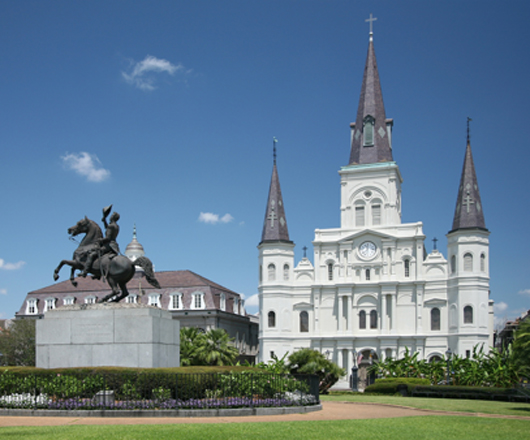 Jackson Square in New Orleans' French Quarter honors Gen. Andrew Jackson, who later became the seventh President of the United States. In the middle of the square is the famous monument to Jackson, shown on horseback, doffing his hat. Photo licensed under the Creative Commons Attribution-ShareAlike 3.0 License.