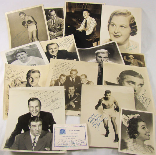 A collection of autographed and inscribed photos includes many popular entertainers and athletes of the early to mid-20th century. Image courtesy of Shelley's.