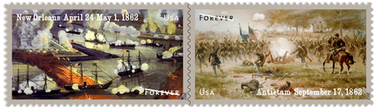  The Civil War: 1862 (Forever®) postage stamps depict two pivotal Civil War battles from 1862; the Battle of New Orleans and the Battle of Antietam. Image courtesy of United States Postal Service.