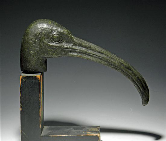 Egyptian Bronze Head of an Ibis, 26th to 30th Dynasties, ca 664 to 525 BC. Estimate $8,000 - $12,000. Image courtesy of Antiquities-Saleroom.com.