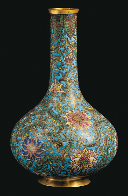 K'ang-hsi Period cloisonne bottle-form vase, 1662-1722, ex Robert M. Hoi collection, $79,625. Image courtesy Skinner Inc.