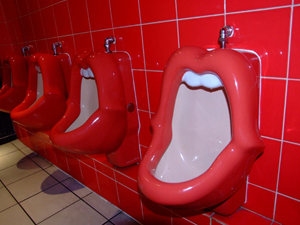 Novelty urinals similar to those ensconced at the Rolling Stones museum in Germany, these are in a bar in Brighton, England. The urinals pictured here are thought to have been designed by Dutch artist Meike van Schijindel. Photo by Elsie esq., licensed under the Creative Commons Attribution 2.0 Generic license.