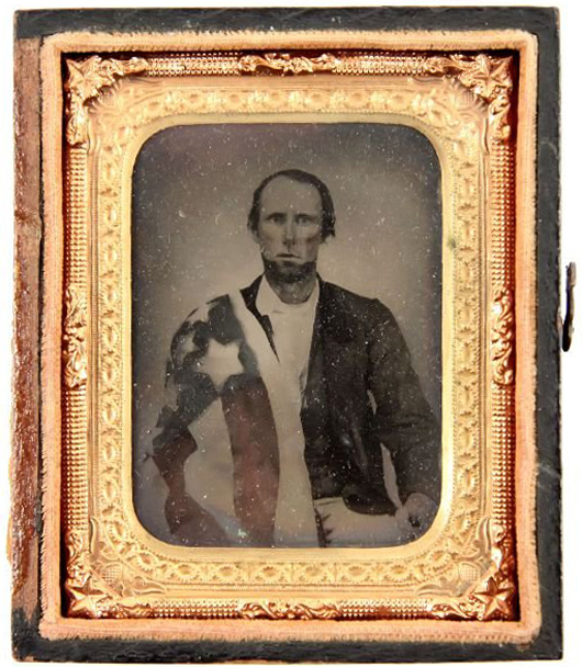 Civil War tinted tintype of man draped in the flag of the 18th Tennessee Infantry. Sold for $400 + buyer's premium in Affiliated Auctions' Dec. 5, 2009 sale. Image courtesy of LiveAuctioneers.com Archive and Affiliated Auctions.