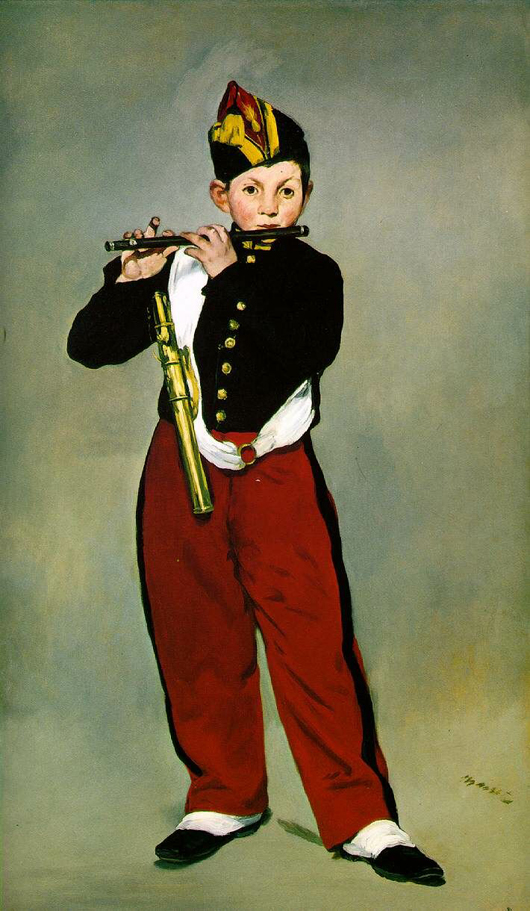 One of Edouard Manet's (French, 1832-1883) most recognizable works is 'Young Flautist' or 'The Fifer,' 1866, held in the collection of Musee d'Orsay in Paris.