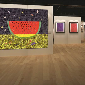 Works on exhibition to be unveiled at Sotheby’s Hong Kong gallery opening on May 19 (from left) Yayoi Kusama, ‘Watermelon,’ 2008, acrylic on canvas; ‘Nets No. 3,’ 1997, oil on canvas; ‘Nets No. 50,’ 1997, oil on canvas. Courtesy of Ota Fine Arts; copyright of Yayoi Kusama.