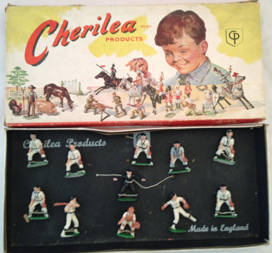 Cherilea Baseball Set #B/100, 11 figures tied in original box, est. $1,500-$2,000. OTSA image. OTSA image.   
