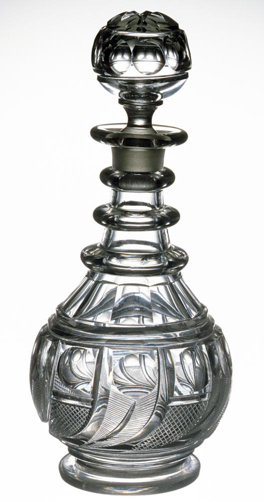 Glass was perfect for storing and serving wine. This American lead crystal decanter, 1825-1840, cut in the peacock eye or comet pattern, is one of several examples in Uncorked!  Courtesy Winterthur Museum   