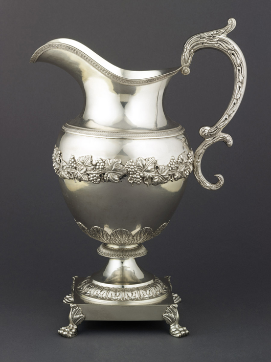 Clusters of grapes and grapevines often ornament wine equipage. On view at Winterthur, this silver presentation pitcher or wine ewer with a grapevine band was made in the workshop of Edward Lownes of Philadelphia and is dated 1827.  Courtesy Winterthur Museum   