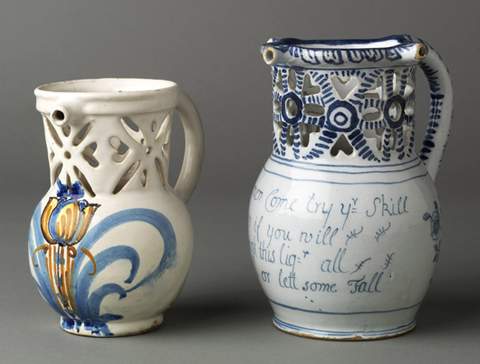 Puzzle jugs appear in the Drinking Games section of the exhibition – the one at left is Dutch, 1650-1670, the one at right is English from Liverpool, 1750-1770. Users had to cover the correct holes with their fingers or wine would splash on the face and clothes.  Courtesy Winterthur Museum