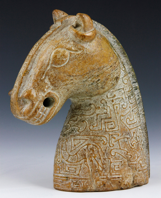 Horse head calligraphy chop stamp, China, Ming Dynasty (1368-1644), semi-translucent amber green nephrite jade with inscriptions carved on head, est. $15,000-$25,000. Kaminski’s image.