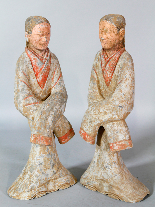 Pair of pottery figures in form of women in long gowns, China, est. $3,000-$5,000. Kaminski’s image.   